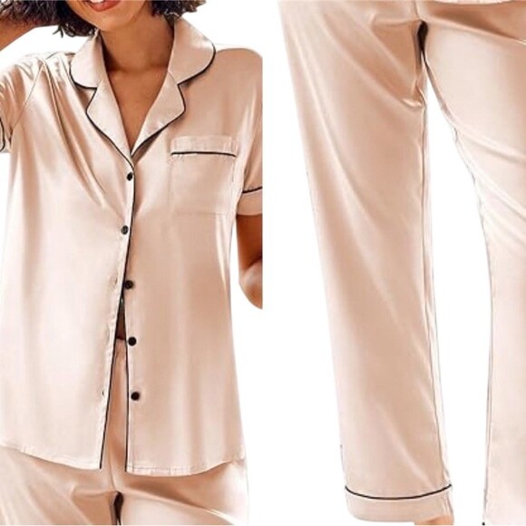 Champagne Pajama Set Womens Satin Button-Down Top & Pants - Picture 2 of 2